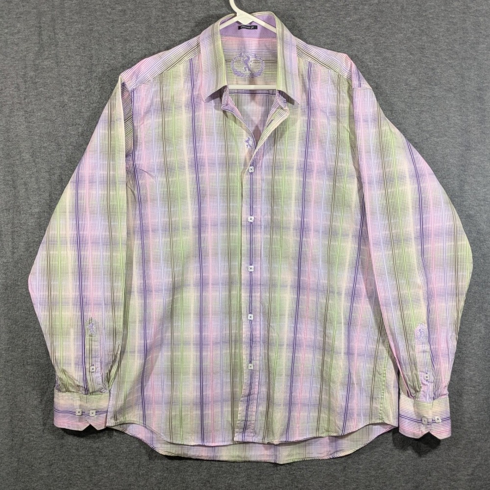 Bugatchi Uomo Mens Classic Fit Purple Plaid Button Down Shirt 100% Cotton Size L